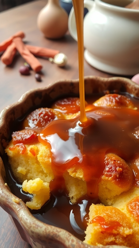 A delicious bread pudding topped with caramel sauce, served in a rustic dish on a wooden table.